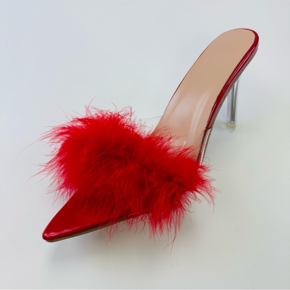 Red Maribou pointy toe lucite heel mules Womens size 43 11
Mens size 9.5-10